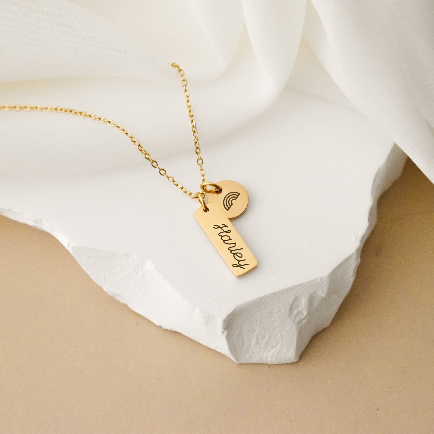 Dainty Custom Text Tag Necklace + Disc Charm