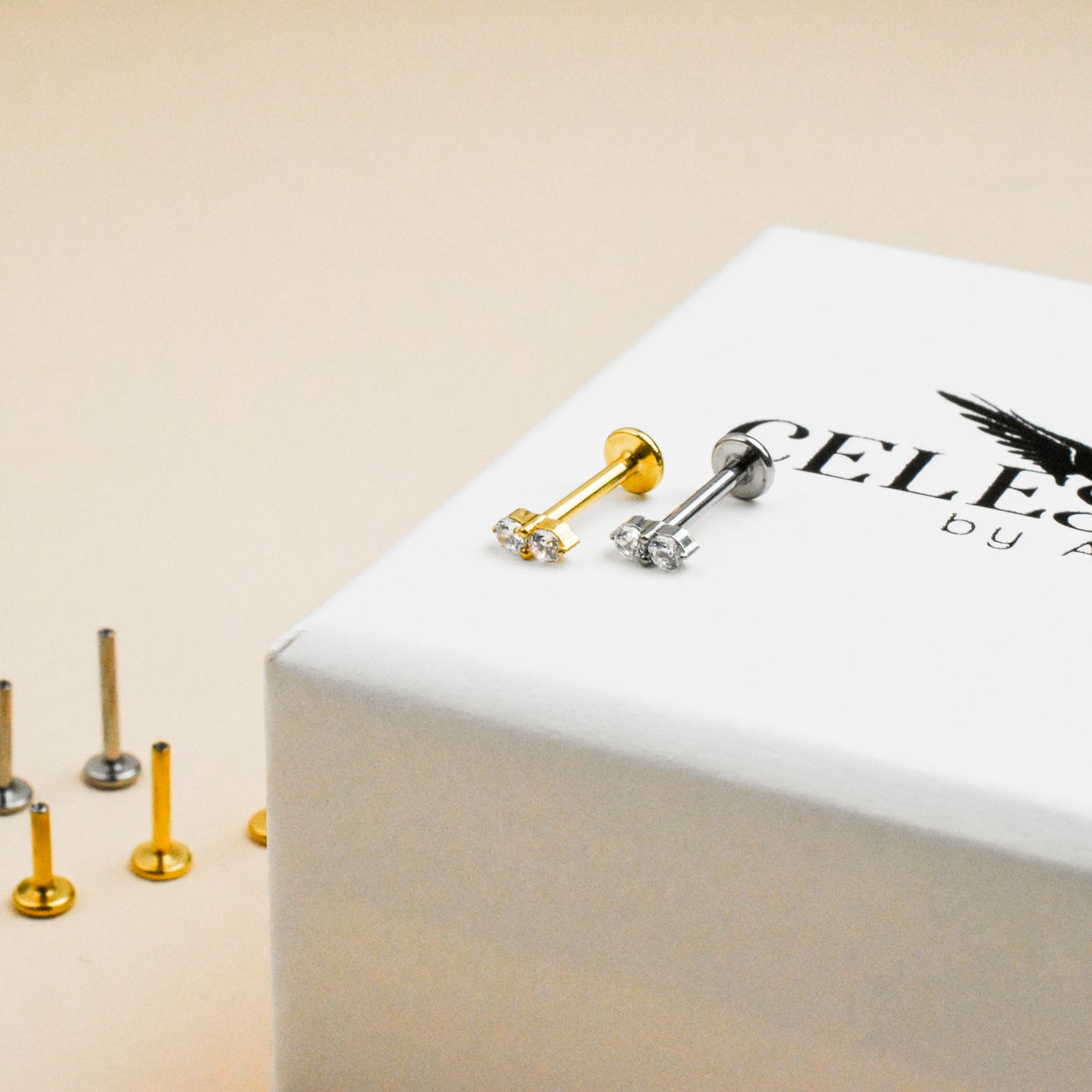 Double Stud CZ Internally Threaded Titanium Flat Back