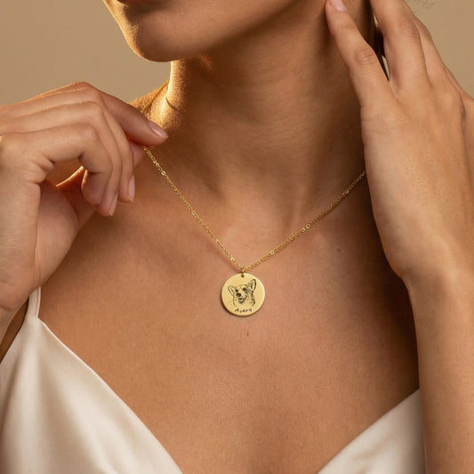 Custom Pet Portrait & Name Engraved Disc Necklace