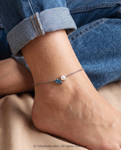 Pearl & Blue Marquise Crystal Anklet