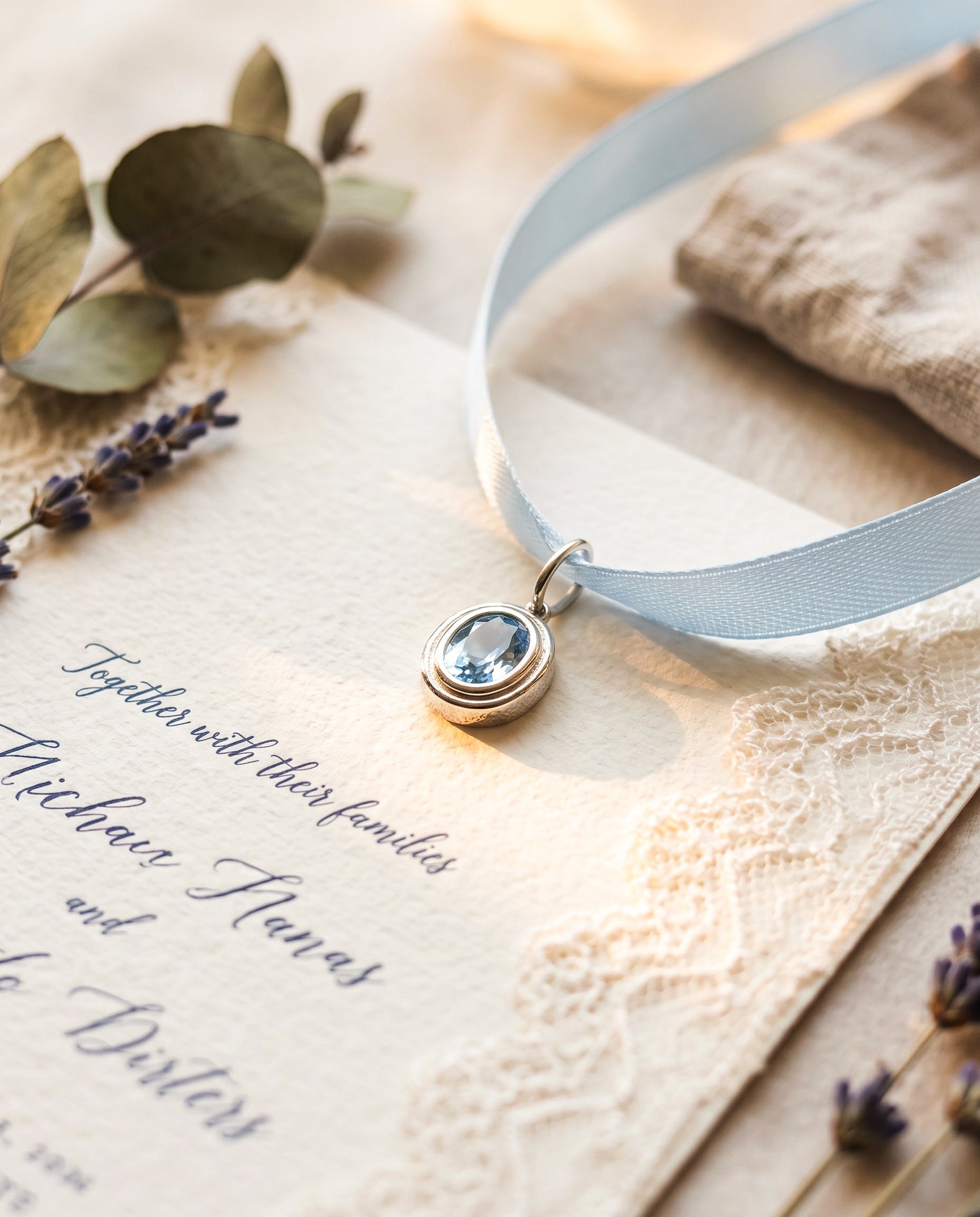 Aquamarine Something Blue Charm with Blue Ribbon