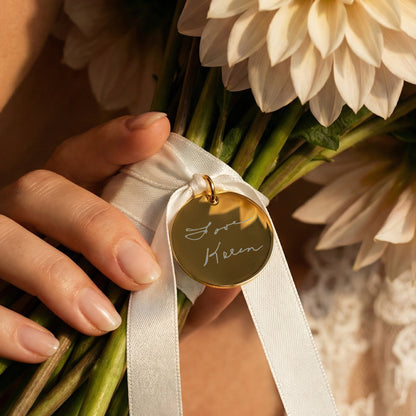 Handwriting Engraved Charm with White Ribbon in 25mm