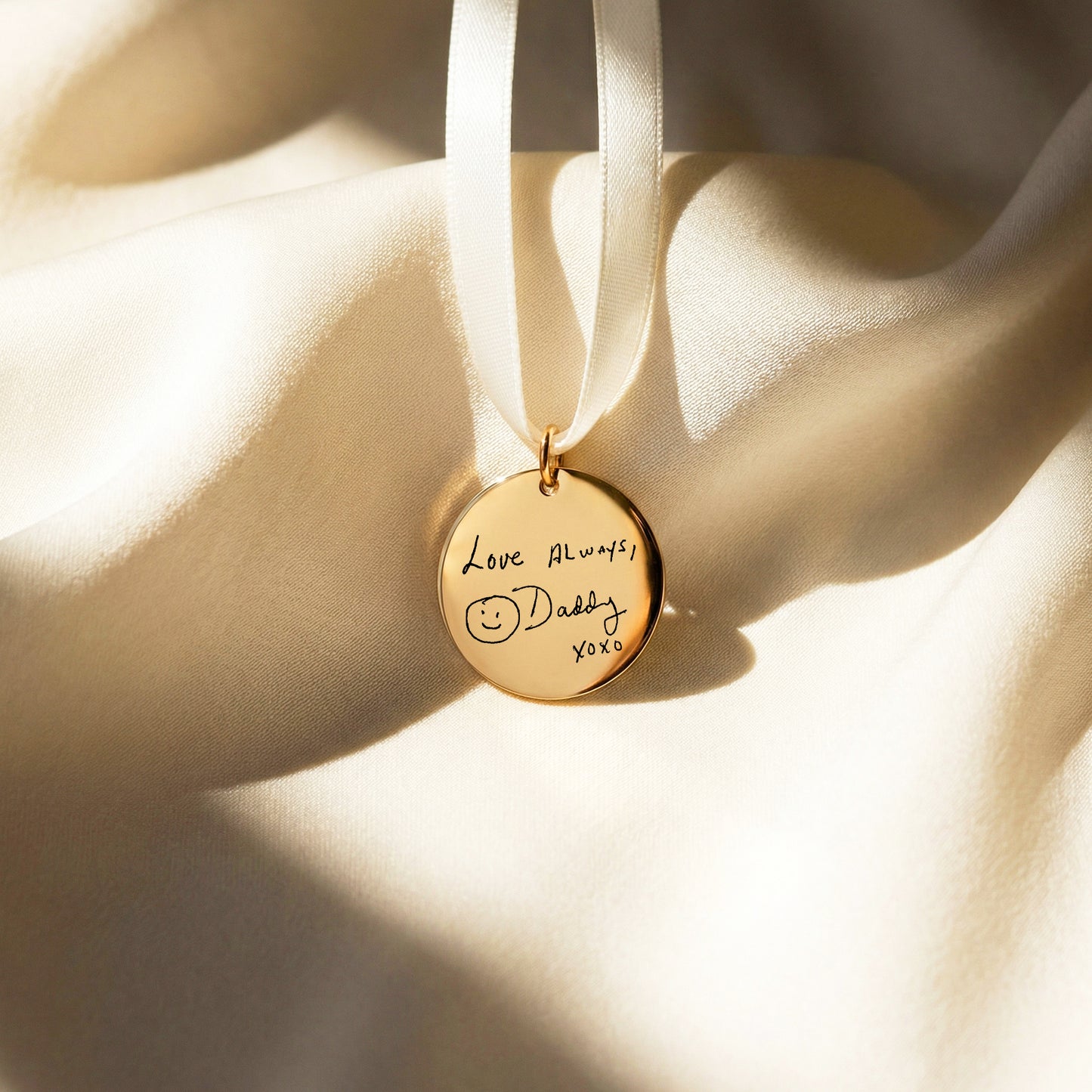 Handwriting Engraved Charm with White Ribbon in 25mm