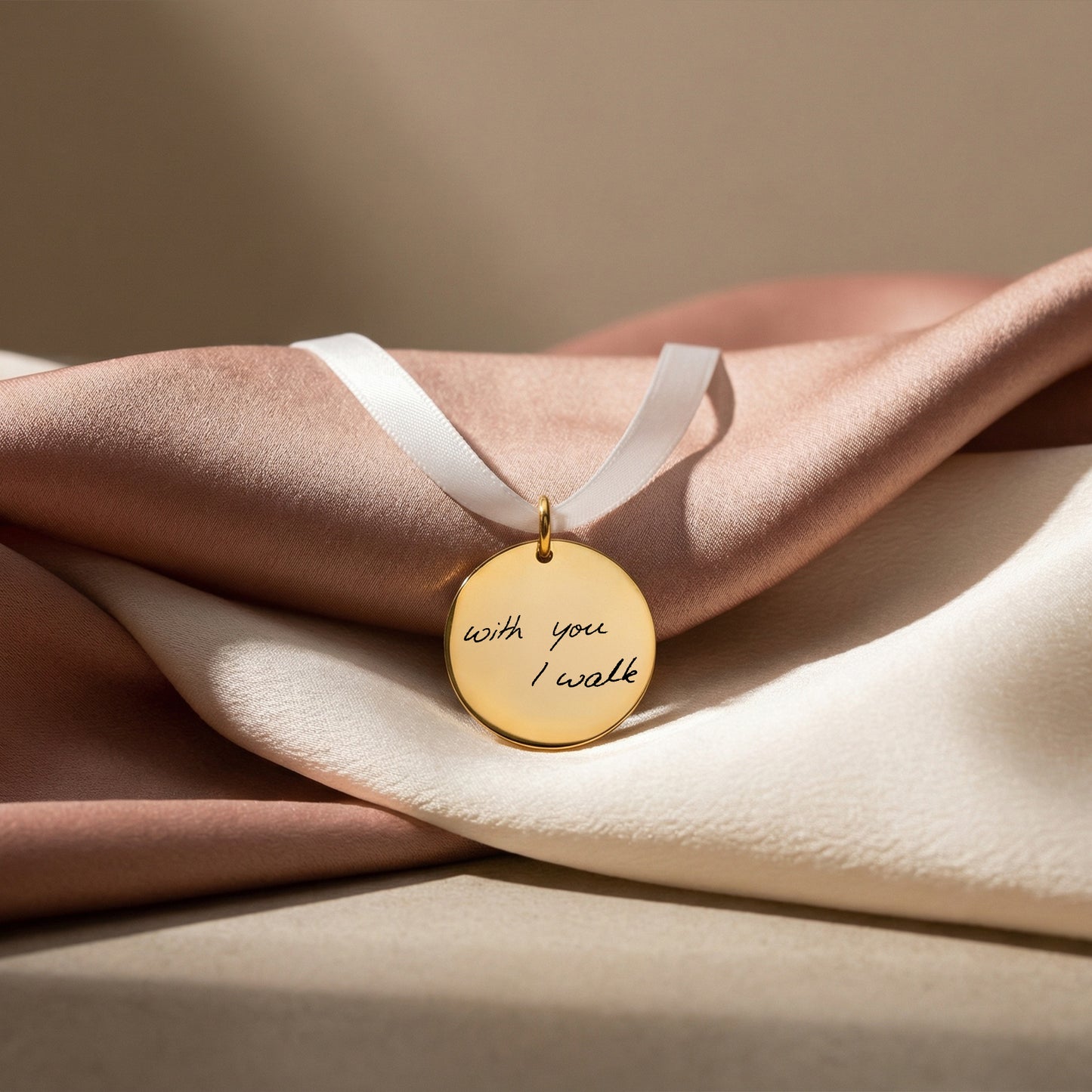 Handwriting Engraved Charm with White Ribbon in 25mm