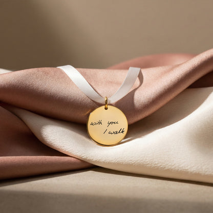 Handwriting Engraved Charm with White Ribbon in 25mm