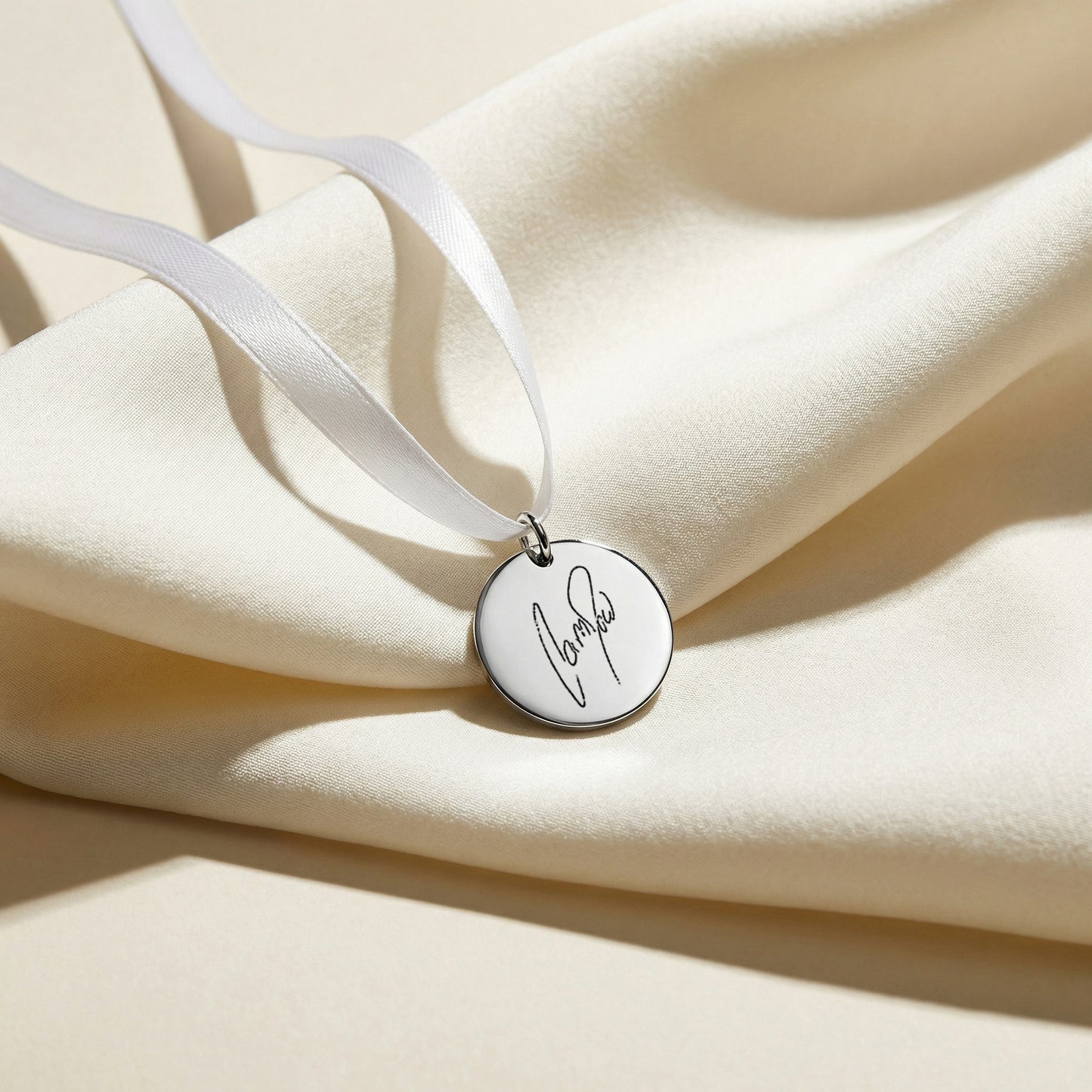 Handwriting Engraved Charm with White Ribbon in 25mm