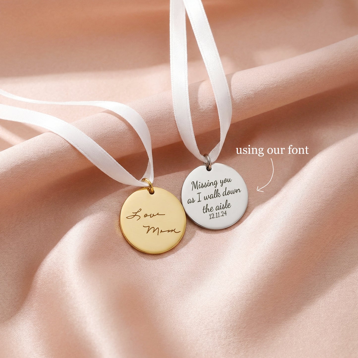 Handwriting Engraved Charm with White Ribbon in 25mm