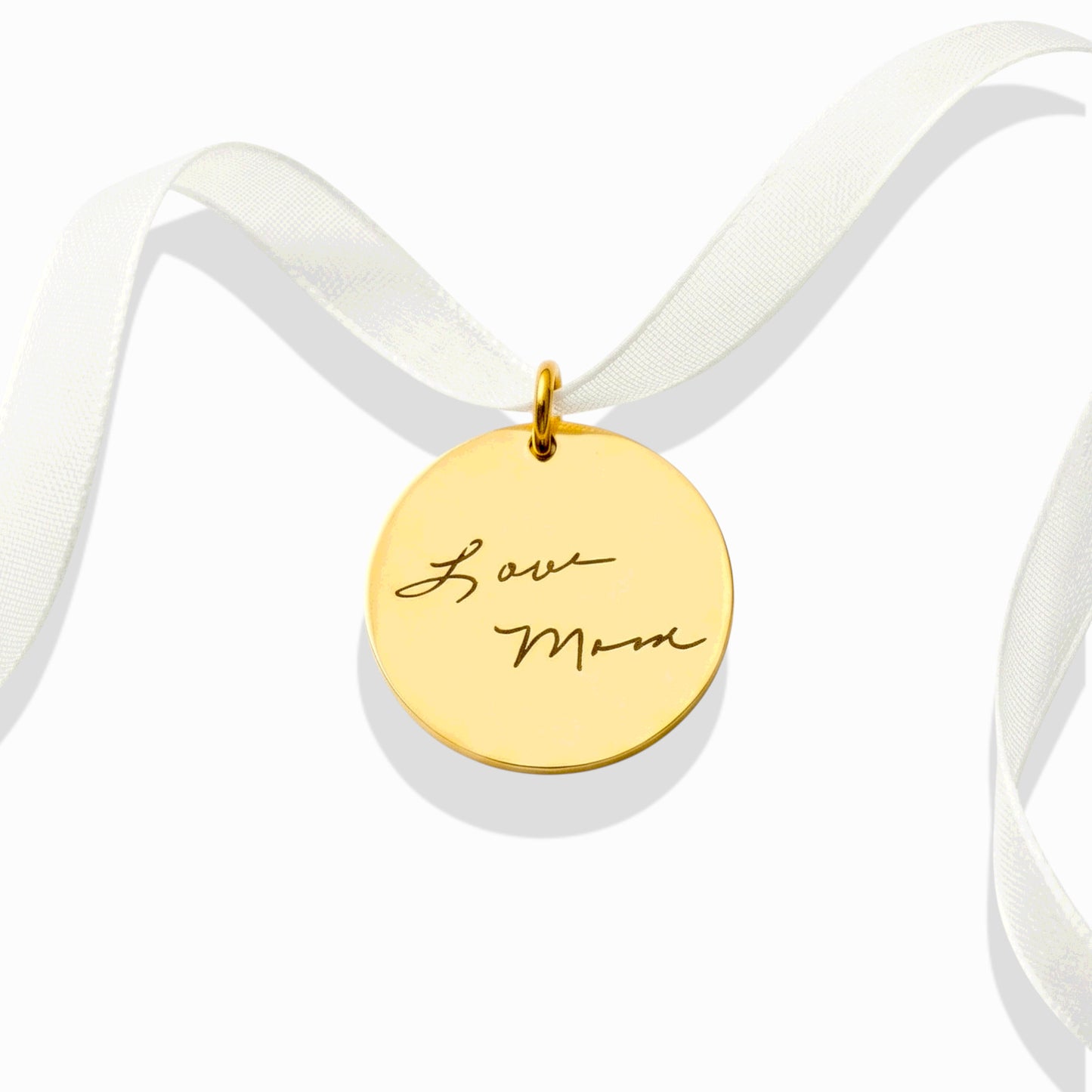 Handwriting Engraved Charm with White Ribbon in 25mm