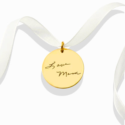 Handwriting Engraved Charm with White Ribbon in 25mm