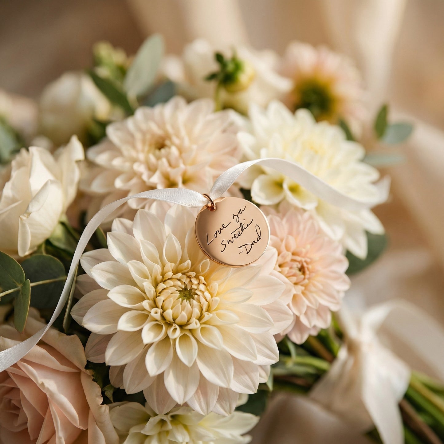 Handwriting Engraved Charm with White Ribbon in 25mm