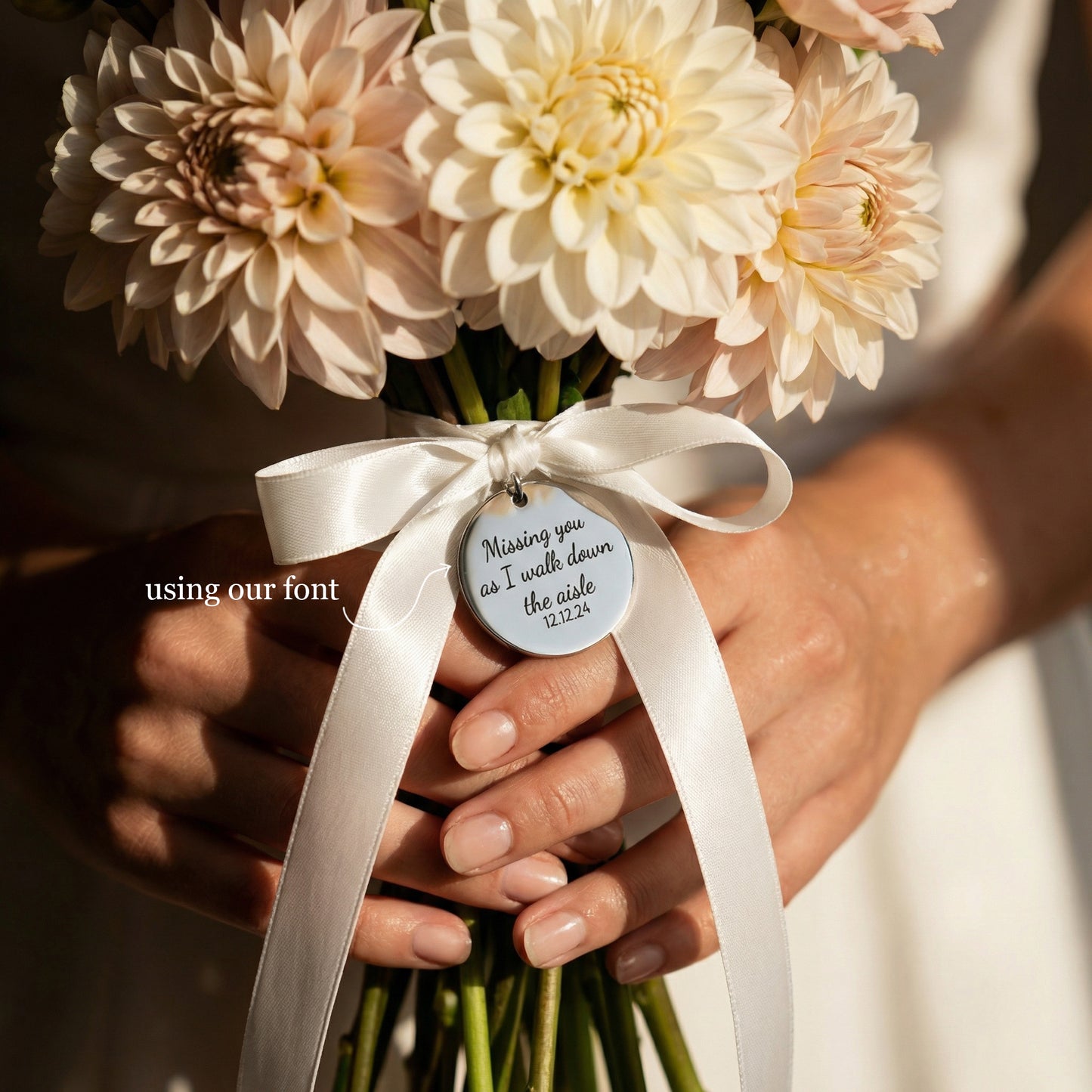 Handwriting Engraved Charm with White Ribbon in 25mm