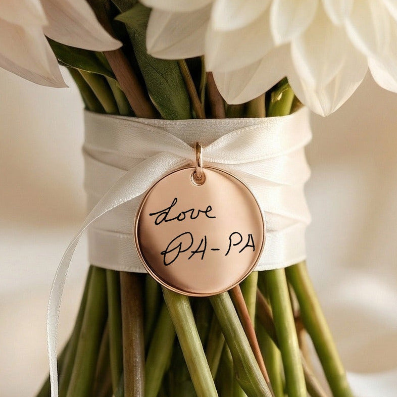 Handwriting Engraved Charm with White Ribbon in 25mm