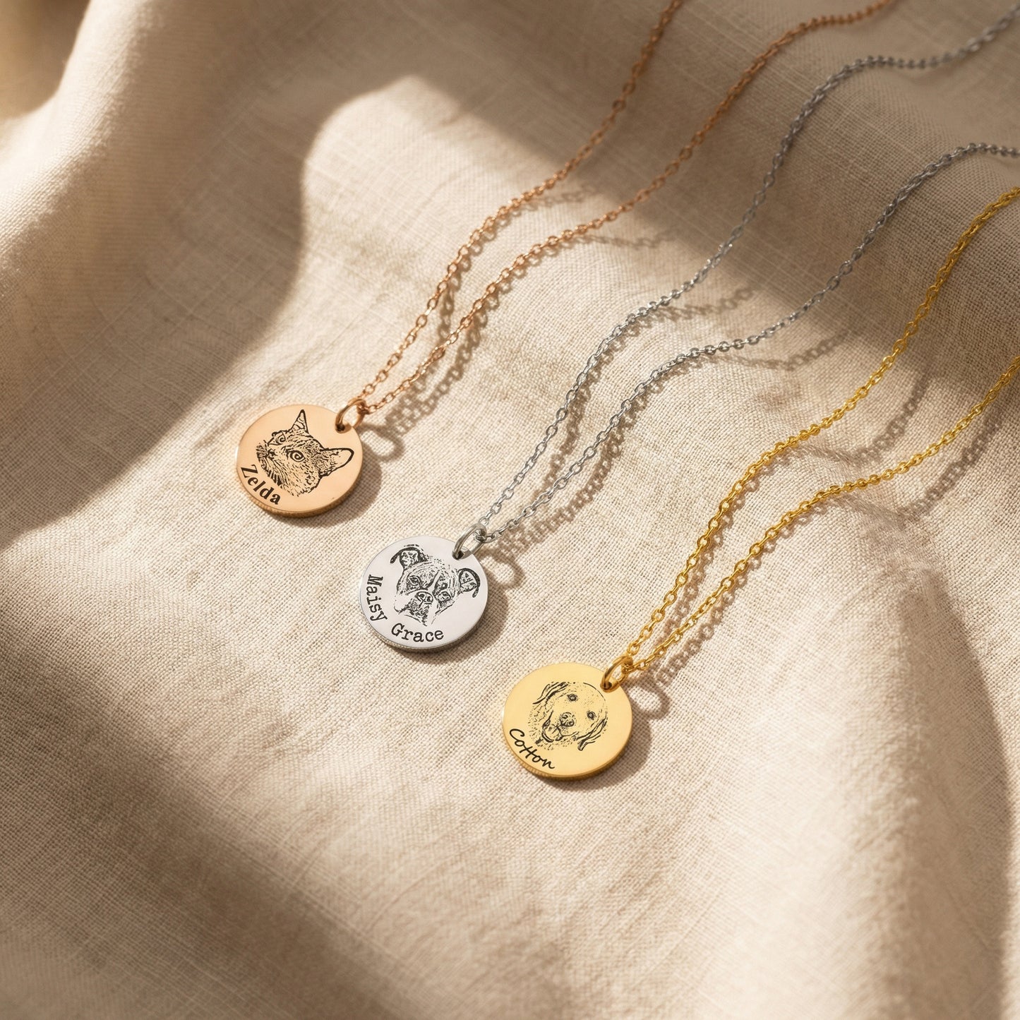 Custom Pet Portrait & Name Engraved Disc Necklace