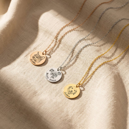 Custom Pet Portrait & Name Engraved Disc Necklace