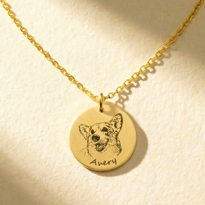 Custom Pet Portrait & Name Engraved Disc Necklace