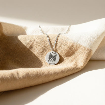 Custom Pet Portrait & Name Engraved Disc Necklace