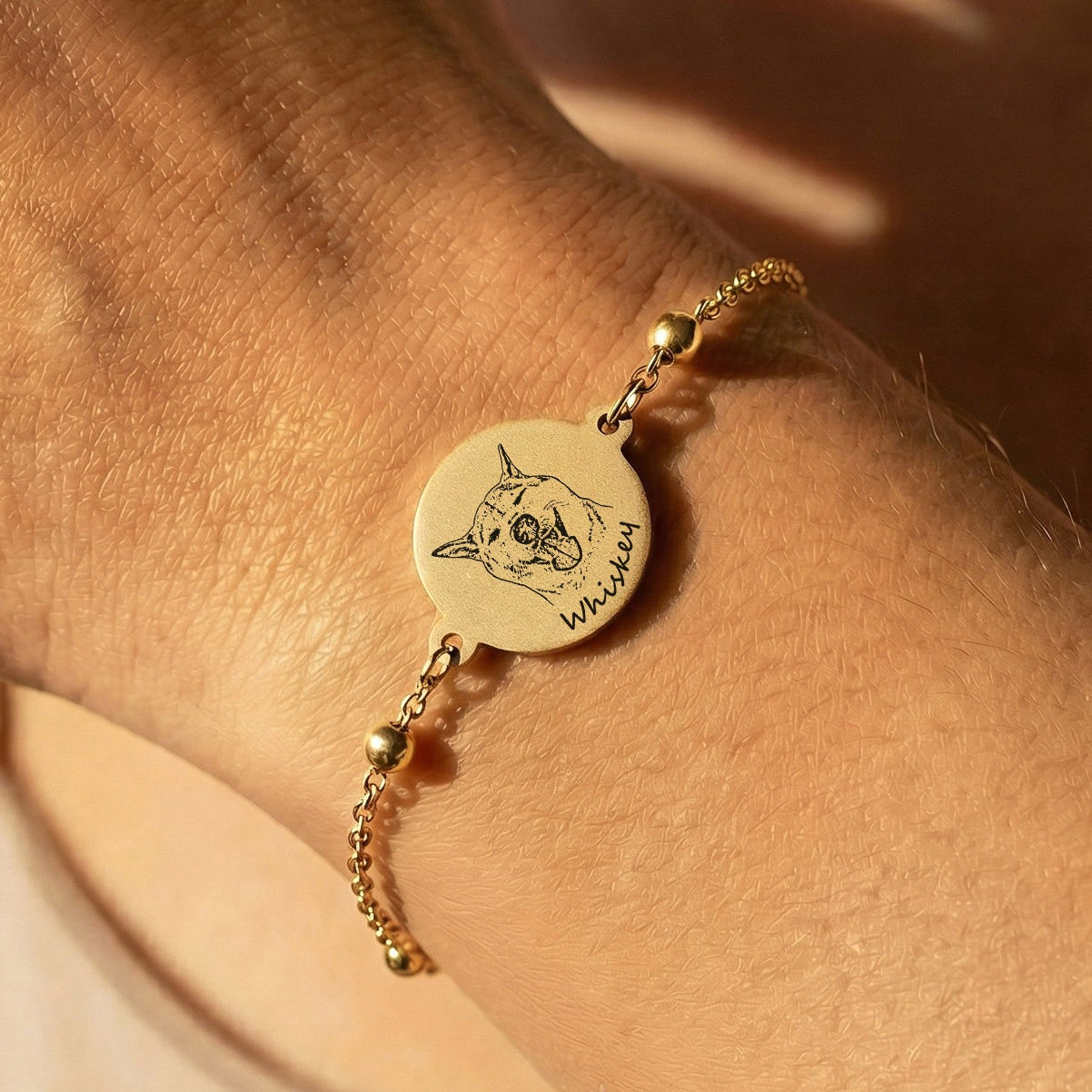 Pet Portrait With Name Bead Chain Bracelet
