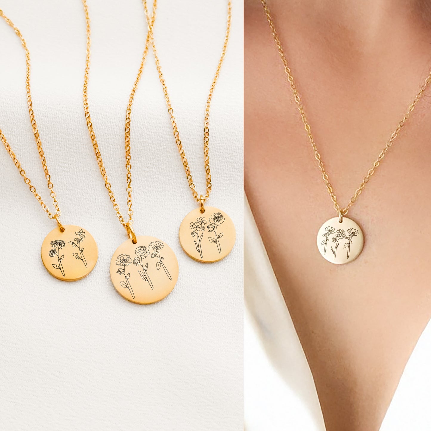 Birth Month Flower Disc Necklace 1-3 Flowers